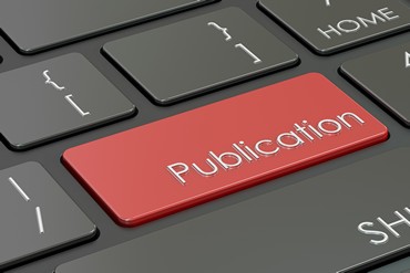 publication button, red key on keyboard. 3D rendering